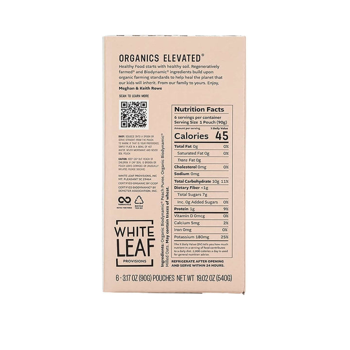 White Leaf Provisions - Organic Regenerative Peach + Oat Puree: 90g pouch