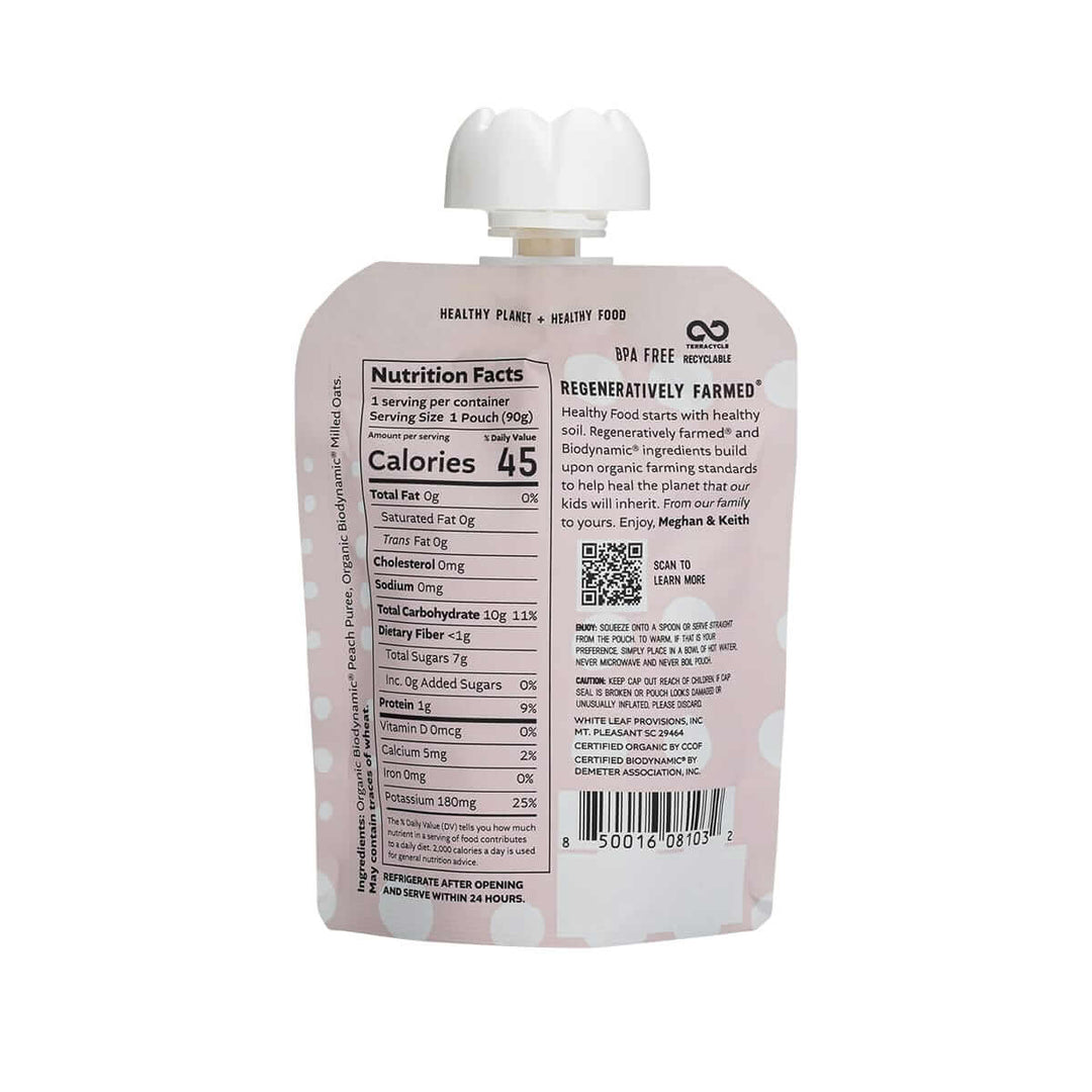 White Leaf Provisions - Organic Regenerative Peach + Oat Puree: 90g pouch